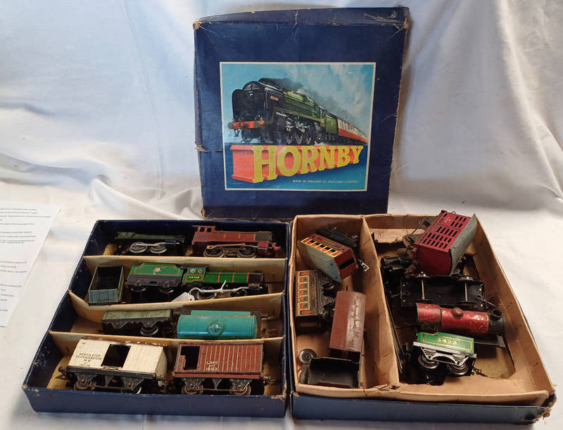 HORNBY 0 GAUGE GOODS SET NO 20 CLOCKWORK TRAIN SET AND OTHERS