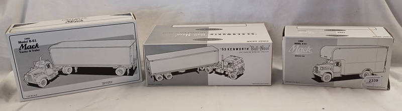 THREE 1ST GEAR 1:34 SCALE MODEL VEHICLES INCLUDING 19-1743 '53 KENWORTH "BULL-NOSE" COE TRACTOR
