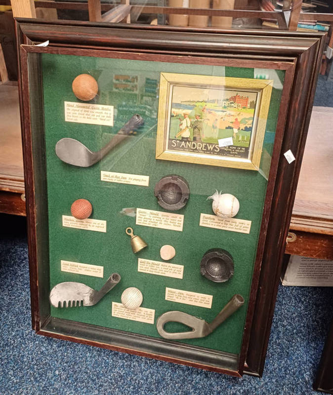 FRAMED DISPLAY CASE FEATURING REPLICA VINTAGE GOLF RELATED ITEMS 60 X 47 CM