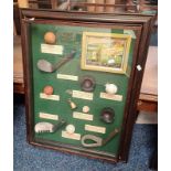 FRAMED DISPLAY CASE FEATURING REPLICA VINTAGE GOLF RELATED ITEMS 60 X 47 CM