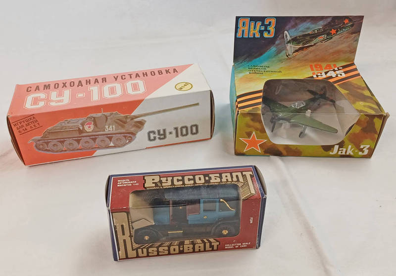 VARIOUS RUSSIAN MADE MILITARY RELATED MODEL VEHICLES INCLUDING TANKS, PLANES, CARS.