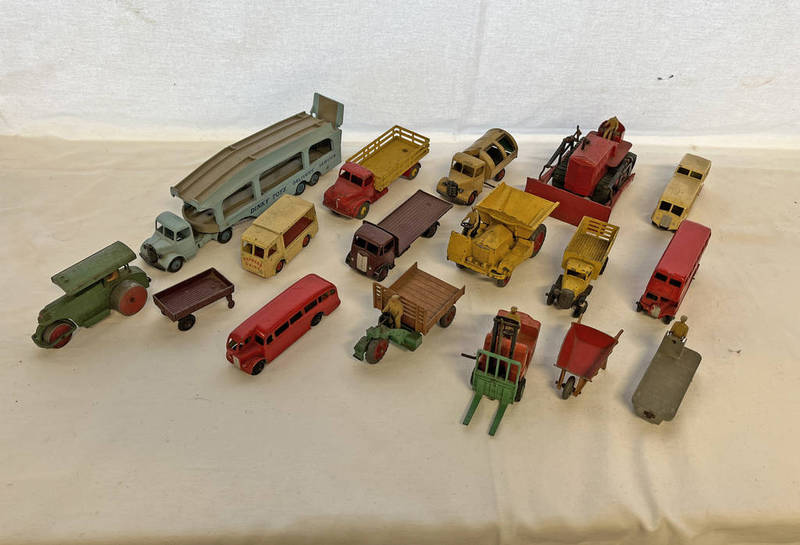 SELECTION OF PLAYWORN DINKY TOY MODEL VEHICLES INCLUDING PULLMORE CAR TRANSPORTER, B.E.U.