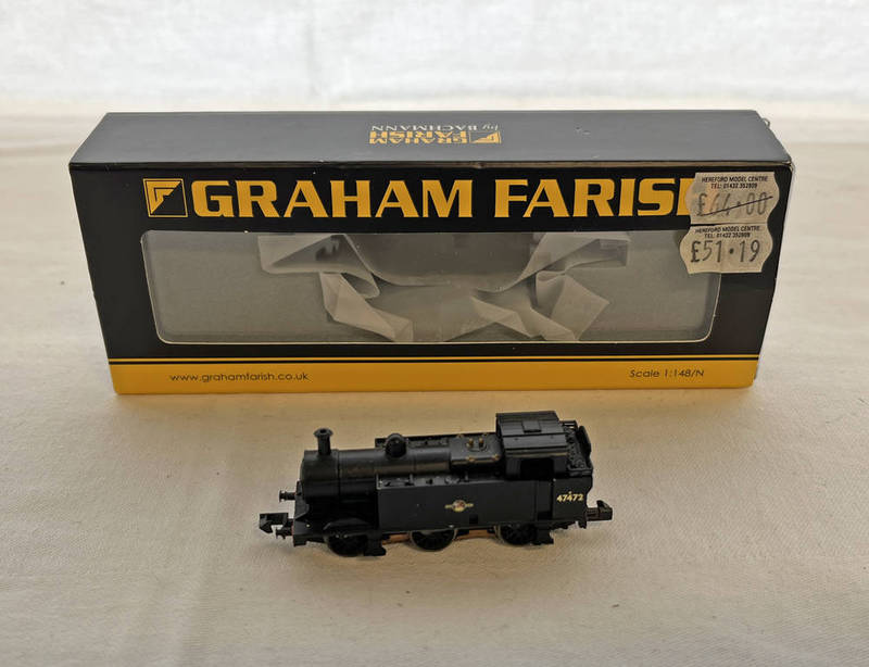 GRAHAM FARISH 372-207 N GAUGE CLASS 3F JINTY 47472 BR BLACK LATE CREST STEAM LOCOMOTIVE.