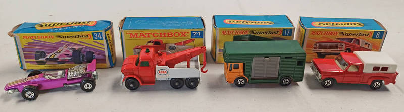 FOUR MATCHBOX SUPERFAST MODEL VEHICLES INCLUDING NO 6 - FORD PICK UP TOGETHER WITH NO 17 - HORSE,