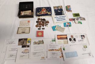 SELECTION OF VARIOUS COINS, STAMPS, ETC, TO INCLUDE 4 X VICTORIA GROATS (ONE HOLED),
