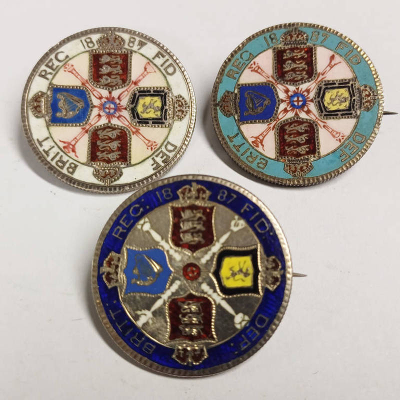 3 X 1887 VICTORIA FLORINS WITH ENAMELLED REVERSES & PIN FITTINGS