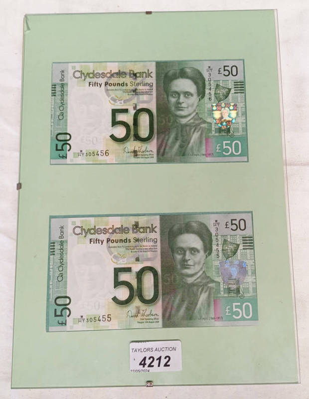 HOMEMADE BANKNOTE DISPLAY COMPOSING OF TWO 2009 CLYDESDALE BANK £50 NOTES