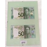 HOMEMADE BANKNOTE DISPLAY COMPOSING OF TWO 2009 CLYDESDALE BANK £50 NOTES