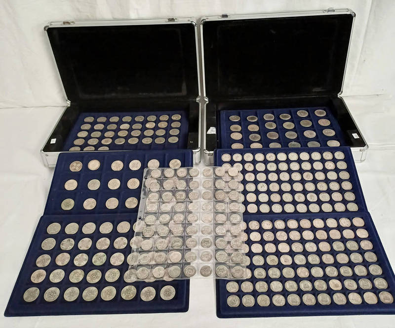 2 METAL COIN CASES OF UK COINS SHILLING TO HALFCROWN TO INCLUDE 14 X PRE-1920 HALFCROWNS (OF 52