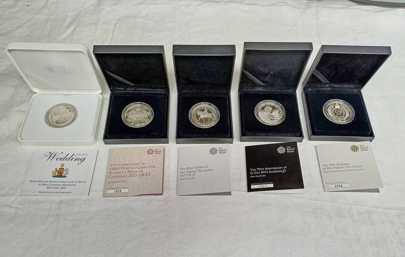 5 X ROYAL MINT SILVER PROOF COINS TO INCLUDE 2014 ALDERNEY D-DAY £5,