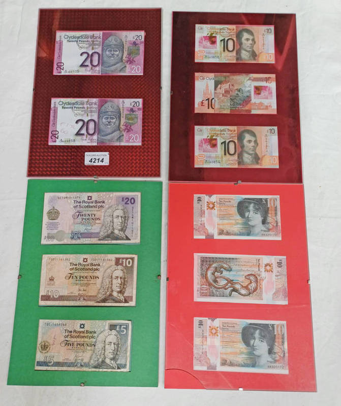 4 X HOMEMADE BANKNOTES DISPLAYS TO INCLUDE 2009 & 2013 CLYDESDALE BANK £20 DISPLAY,