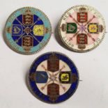 3 X 1887 VICTORIA FLORINS WITH ENAMELLED REVERSES & PIN FITTINGS