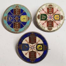 3 X 1887 VICTORIA FLORINS WITH ENAMELLED REVERSES & PIN FITTINGS