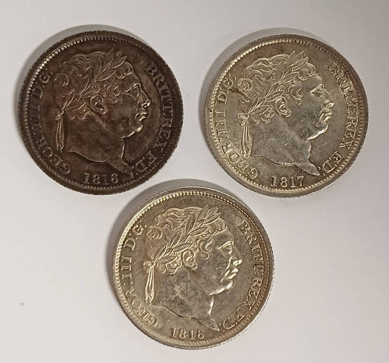 3 X GEORGE III SHILLINGS WITH 2 X 1816 & 1817