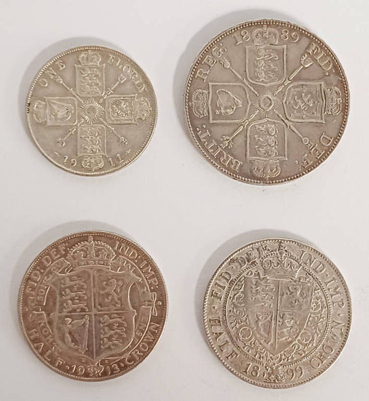 4 X UK SILVER COINS TO INCLUDE 1889 VICTORIA DOUBLE FLORIN, 1899 VICTORIA HALF CROWN,