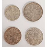 4 X UK SILVER COINS TO INCLUDE 1889 VICTORIA DOUBLE FLORIN, 1899 VICTORIA HALF CROWN,