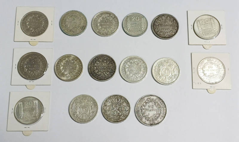 SELECTION OF FRANCE/BELGIUM COINS TO INCLUDE 1979 50 FRANCS, 1834 5 FRANCS, 1870 BELGIAN 5 FRANCS,