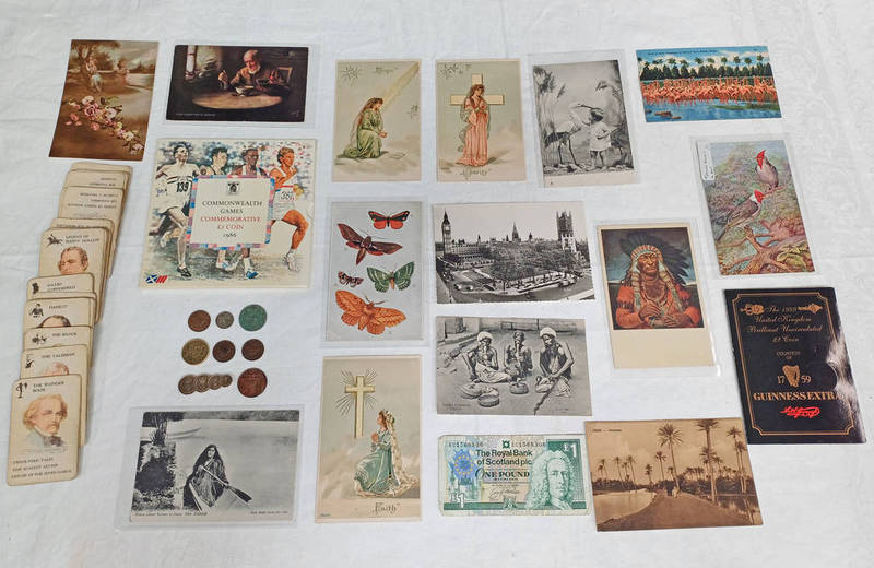 1885 VICTORIA MAUNDY SET, COMBINED TO FORM A BROOCH, WHITMAN PLAYING CARDS, VARIOUS POSTCARDS ETC.