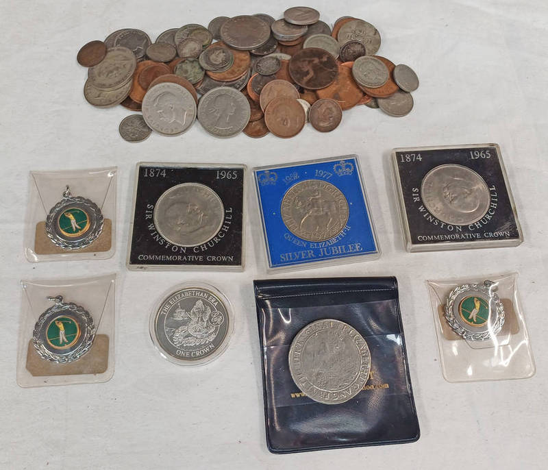 SELECTION OF VARIOUS COINS TO INCLUDE COMMEMORATIVE CROWNS, FEW SILVER THREEPENCES,