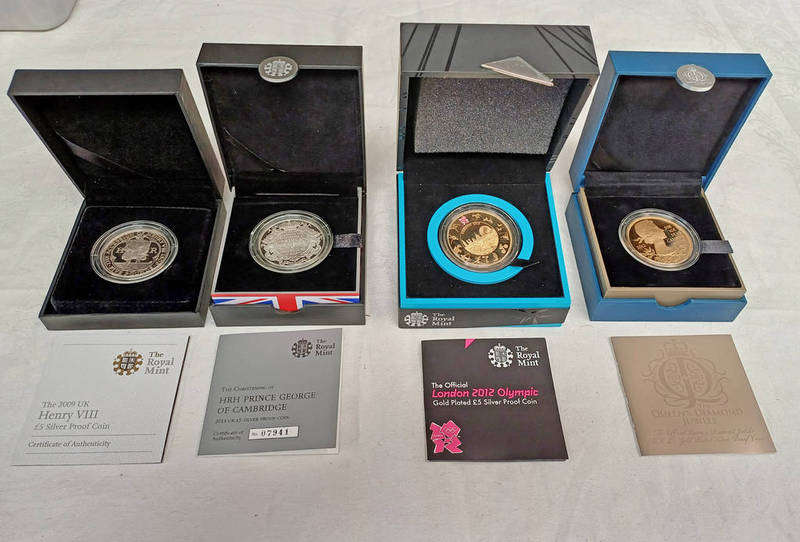 4 X ROYAL MINT UK SILVER PROOF COINS TO INCLUDE 2013 CHRISTENING OF PRINCE GEORGE, 2009 HENRY VIII,