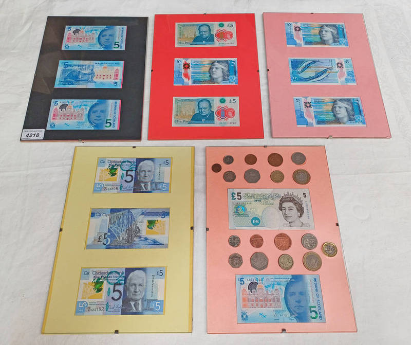 5 X HOMEMADE BANKNOTE DISPLAYS TO INCLUDE 2015 CLYDESDALE £5 DISPLAY,
