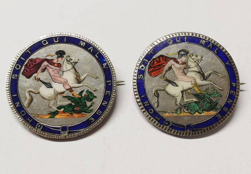 2 X GEORGE III CROWNS WITH ENAMELLED REVERSES & PIN FITTINGS