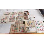 SELECTION OF VARIOUS STAMP ALBUMS AND LOOSE ALBUM PAGES OF WORLD STAMPS TO INCLUDE 2 X TWO PENNY