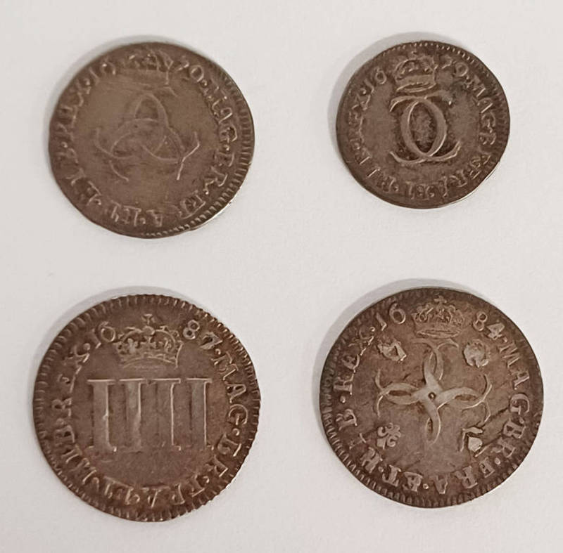 4 X MAUNDY ODDMENTS TO INCLUDE 1684 CHARLES II FOUR PENCE, 1679 THREEPENCE,