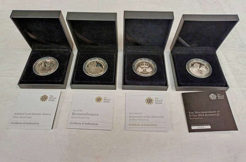 4 X ROYAL MINT SILVER PROOF £5 COINS TO INCLUDE 2008 ALDERNEY WW1 REMEMBRANCE,