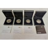4 X ROYAL MINT SILVER PROOF £5 COINS TO INCLUDE 2008 ALDERNEY WW1 REMEMBRANCE,