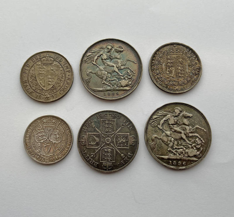 SELECTION OF 6 VICTORIA COINS TO INCLUDE 1889 & 1896 CROWNS, 1889 DOUBLE FLORIN,