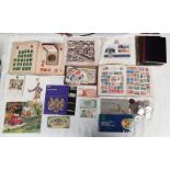 SELECTION OF VARIOUS STAMPS, COINS, MEDALS, BANKNOTES, ETC TO INCLUDE 1977 SILVER PROOF CROWN,