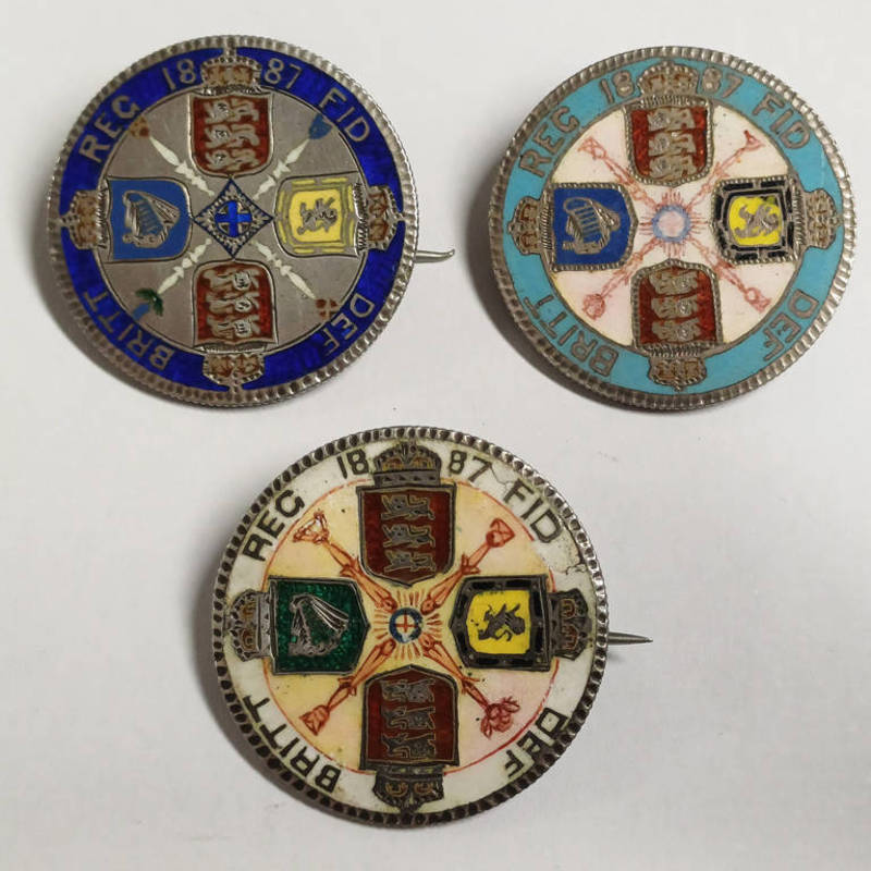 3 X 1887 VICTORIA FLORINS WITH ENAMELLED REVERSES & PIN FITTINGS