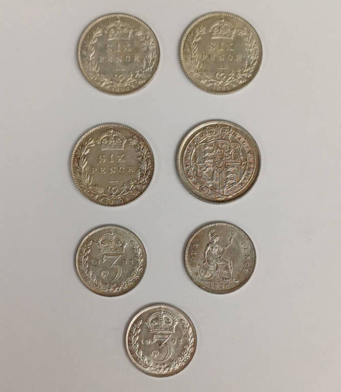 7 X HIGH GRADE BRITISH SILVER COINS TO INCLUDE 1816 GEORGE III SIXPENCE, 1836 WILLIAM IV GROAT,