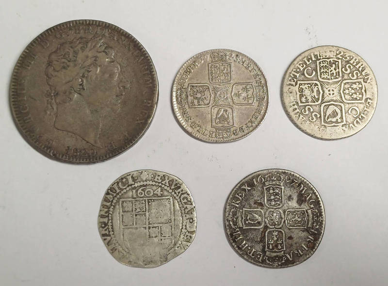 SELECTION OF UK SILVER COINAGE TO INCLUDE 1604 JAMES I SIXPENCE, 1697 WILLIAM III SHILLING,