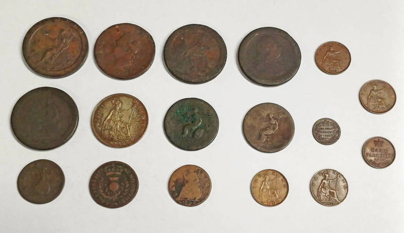SELECTION OF UK COPPER COINAGE TO INCLUDE 1677 BAWBEE, 1694 WILLIAM & MARY FARTHING,