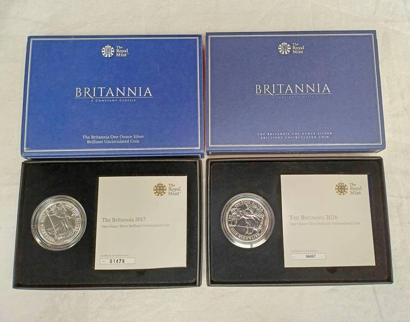 2016 & 2017 BRITANNIA ONE OUNCE SILVER BRILLIANT UNCIRCULATED COINS, BOTH IN CASE OF ISSUE, WITH C.