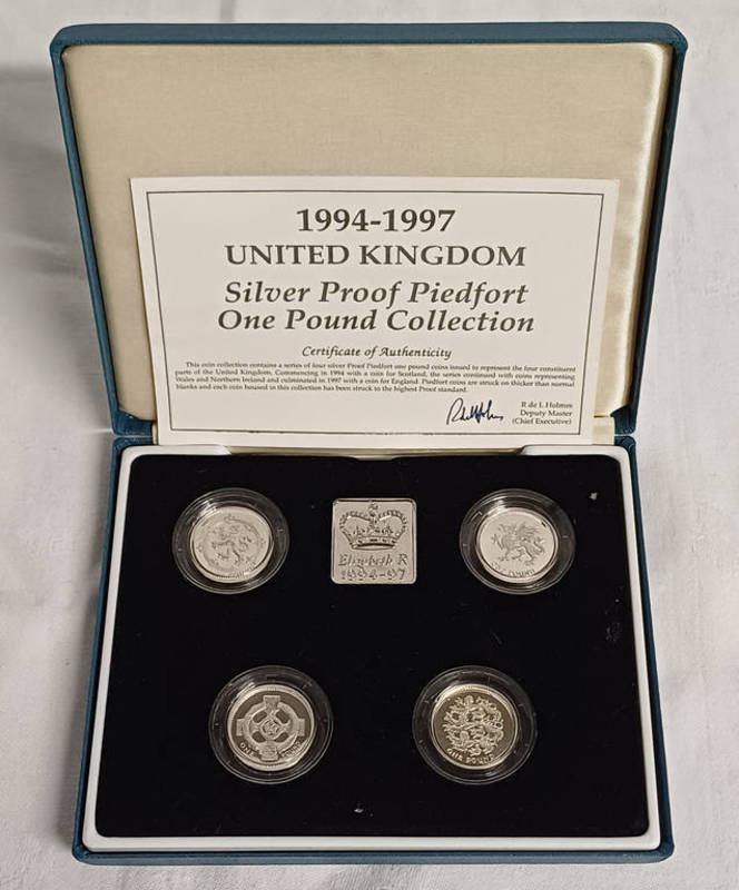 1994-1997 UK SILVER PROOF PIEDFORT ONE POUND COLLECTION, IN CASE OF ISSUE WITH C.O.A.