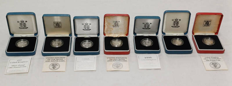 SELECTION OF 7 UK SILVER PROOF £1 COINS TO INCLUDE 1984 & 1985 PIEDFORT, 1985, 2 X 1996,