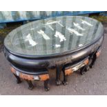 BLACK LACQUER & GILT EASTERN OVAL TABLE WITH DECORATIVE MOTHER OF PEARL ORIENTAL SCENE TO TOP ON