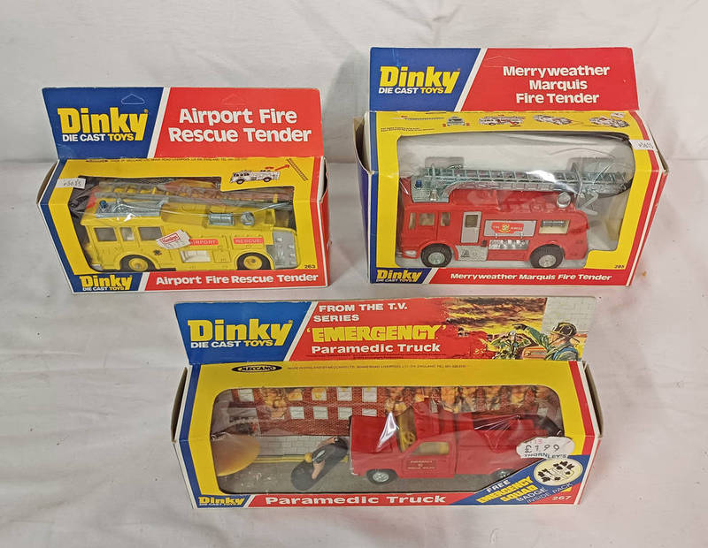 THREE MODEL EMERGENCY VEHICLES FROM DINKY INCLUDING 263 - AIRPORT FIRE RESCUE TENDER,