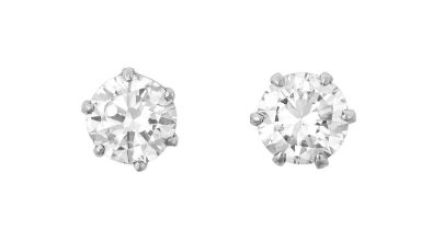 A Pair of Diamond Solitaire Earrings the round brilliant cut diamonds in white claw settings,