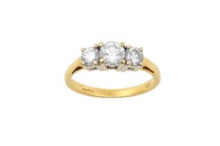 An 18 Carat Gold Diamond Three Stone Ring the round brilliant cut diamonds in white claw settings,