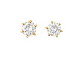 A Pair of Diamond Solitaire Earrings the round brilliant cut diamonds in yellow claw settings, total