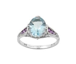 An 18 Carat White Gold Aquamarine, Amethyst and Diamond Ring the oval cut aquamarine in a claw