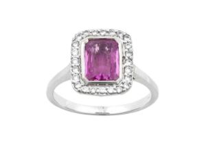 An 18 Carat White Gold Synthetic Pink Sapphire and Diamond Cluster Ring the emerald-cut synthetic