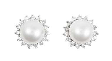 A Pair of 18 Carat White Gold Cultured Pearl and Diamond Cluster Earrings the cultured pearls within