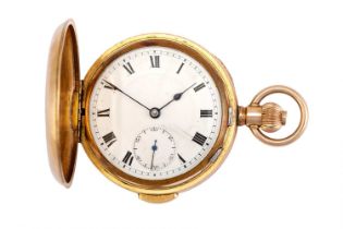 A Gold Plated Full Hunter Quarter Repeater Pocket Watch, circa 1900, manual wound lever movement,