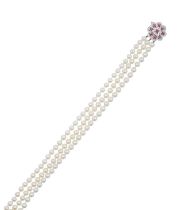 A Triple Row Cultured Pearl Necklace, with An 18 Carat Gold Ruby and Diamond Cluster Clasp the 64: