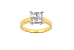 An 18 Carat Gold Diamond Cluster Ring four princess cut diamonds in white claw and channel settings,